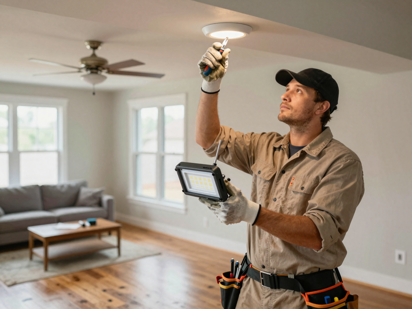 Electrician installing lighting fixtures
